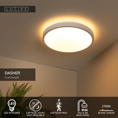 Lucide DASHER - Plafonnier Salle de bains - Ø 41 cm - LED - 1x24W 2700K - IP44 - Détecteur De Mouvement - Blanc